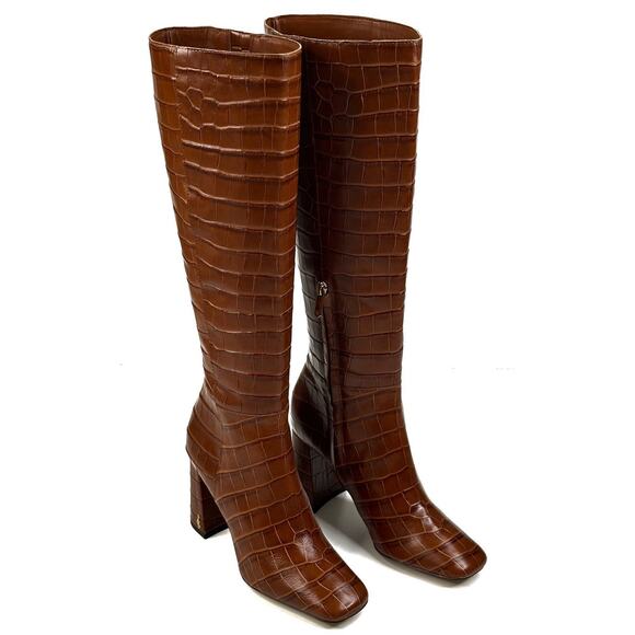 Sam Edelman Clarem Croc Embossed Brown Leather Knee High Boot Womens 7M New $250 - Picture 1 of 11